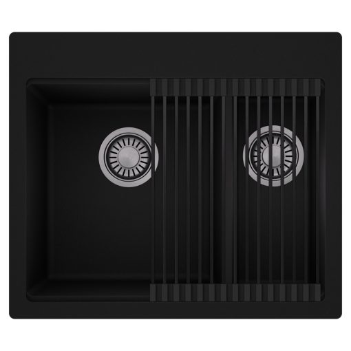 HD Aspen Black 58 kétmedencés gránit mosogatótálca szett, matt fekete csepegtetőráccsal, matt fekete színben, szálcsiszolt króm leeresztő szifonnal