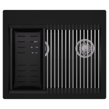 HD Aspen Black 58 kétmedencés gránit mosogatótálca szett, acél csepegtetőráccsal és matt fekete kosárral, matt fekete színben, szálcsiszolt króm leeresztő szifonnal