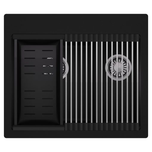 HD Aspen Black 58 kétmedencés gránit mosogatótálca szett, acél csepegtetőráccsal és matt fekete kosárral, matt fekete színben, szálcsiszolt króm leeresztő szifonnal