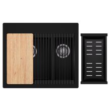 HD Aspen Black 58 kétmedencés gránit mosogatótálca szett, vágódeszkával, matt fekete csepegtetőráccsal és kosárral, matt fekete színben, szálcsiszolt króm leeresztő szifonnal