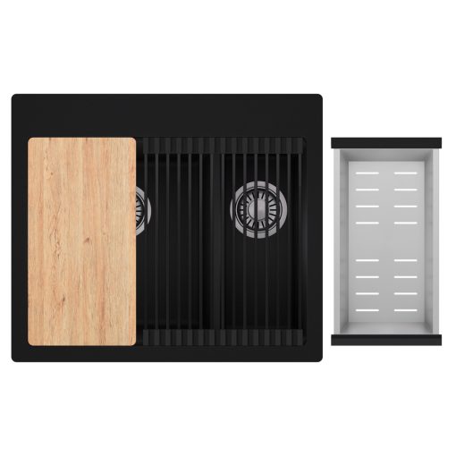 HD Aspen Black 58 kétmedencés gránit mosogatótálca szett, vágódeszkával, matt fekete csepegtetőráccsal és krómozott kosárral, matt fekete színben, szálcsiszolt króm leeresztő szifonnal