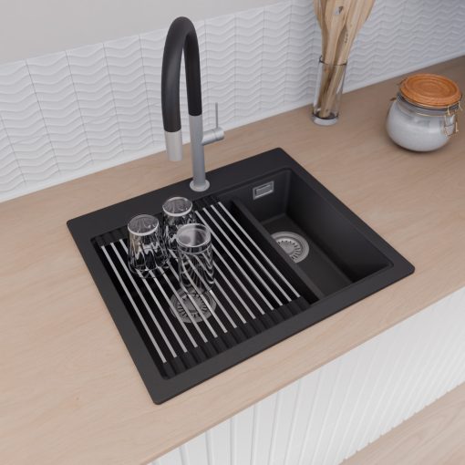 HD Aspen Black 58 kétmedencés gránit mosogatótálca szett, vágódeszkával, acél csepegtetőráccsal és kosárral, matt fekete színben, szálcsiszolt króm leeresztő szifonnal