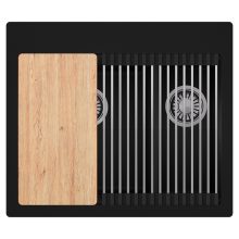 HD Aspen Black 58 kétmedencés gránit mosogatótálca szett, vágódeszkával, acél csepegtetőráccsal, matt fekete színben, szálcsiszolt króm leeresztő szifonnal