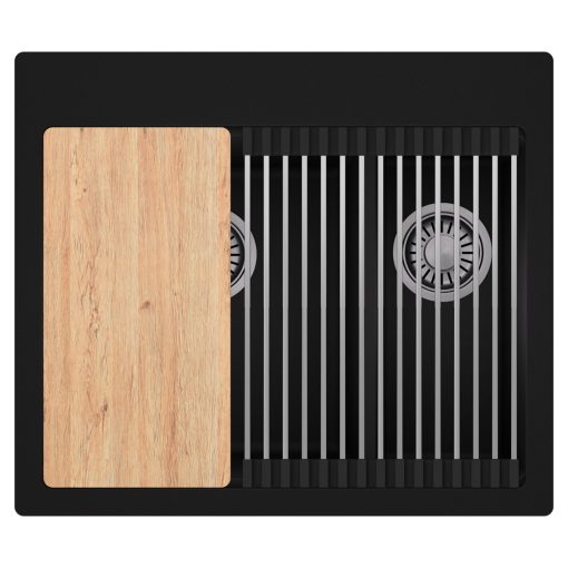 HD Aspen Black 58 kétmedencés gránit mosogatótálca szett, vágódeszkával, acél csepegtetőráccsal, matt fekete színben, szálcsiszolt króm leeresztő szifonnal