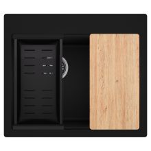 HD Aspen Black 58 kétmedencés gránit mosogatótálca szett, vágódeszkával, matt fekete csepegtetőkosárral, matt fekete színben, szálcsiszolt króm leeresztő szifonnal