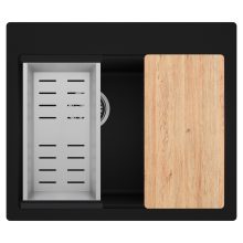 HD Aspen Black 58 kétmedencés gránit mosogatótálca szett, vágódeszkával, acél csepegtetőkosárral, matt fekete színben, szálcsiszolt króm leeresztő szifonnal