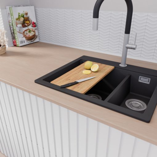 HD Aspen Black 58 kétmedencés gránit mosogatótálca szett, vágódeszkával, acél csepegtetőkosárral, matt fekete színben, szálcsiszolt króm leeresztő szifonnal