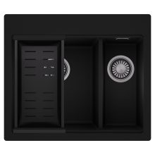 HD Aspen Black 58 kétmedencés gránit mosogatótálca szett, matt fekete csepegtetőkosárral, matt fekete színben, szálcsiszolt króm leeresztő szifonnal