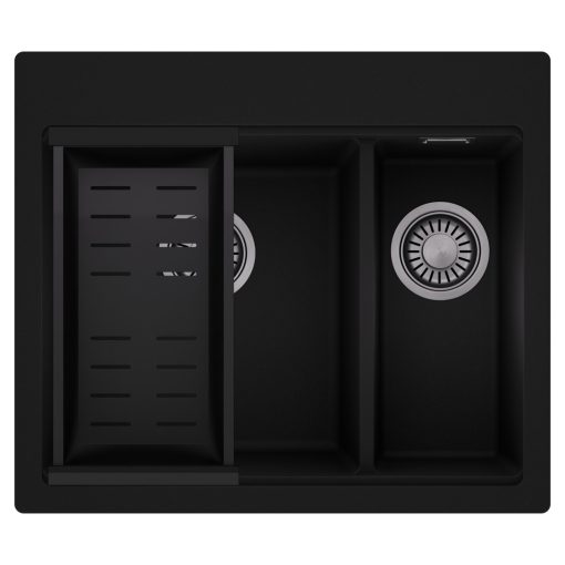 HD Aspen Black 58 kétmedencés gránit mosogatótálca szett, matt fekete csepegtetőkosárral, matt fekete színben, szálcsiszolt króm leeresztő szifonnal