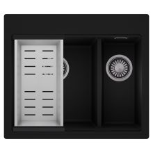 HD Aspen Black 58 kétmedencés gránit mosogatótálca szett, acél csepegtetőkosárral, matt fekete színben, szálcsiszolt króm leeresztő szifonnal