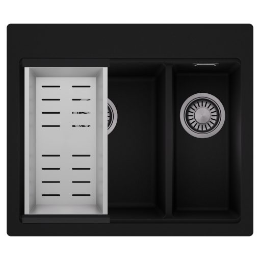 HD Aspen Black 58 kétmedencés gránit mosogatótálca szett, acél csepegtetőkosárral, matt fekete színben, szálcsiszolt króm leeresztő szifonnal