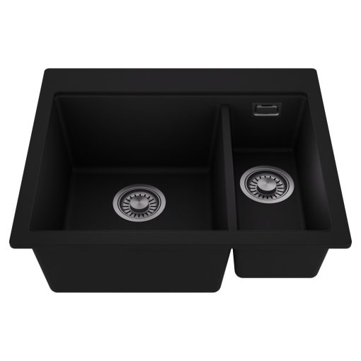 HD Aspen Black 58 kétmedencés gránit mosogatótálca, matt fekete színben, szálcsiszolt króm leeresztő szifonnal