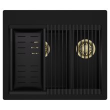 HD Aspen Black 58 kétmedencés gránit mosogatótálca szett, matt fekete csepegtetőráccsal és kosárral, matt fekete színben, szálcsiszolt arany leeresztő szifonnal