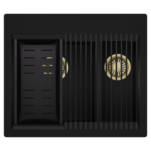 HD Aspen Black 58 kétmedencés gránit mosogatótálca szett, matt fekete csepegtetőráccsal és kosárral, matt fekete színben, szálcsiszolt arany leeresztő szifonnal