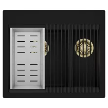 HD Aspen Black 58 kétmedencés gránit mosogatótálca szett, matt fekete csepegtetőráccsal és krómozott kosárral, matt fekete színben, szálcsiszolt arany leeresztő szifonnal