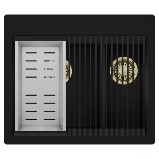 HD Aspen Black 58 kétmedencés gránit mosogatótálca szett, matt fekete csepegtetőráccsal és krómozott kosárral, matt fekete színben, szálcsiszolt arany leeresztő szifonnal