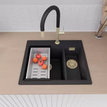 HD Aspen Black 58 kétmedencés gránit mosogatótálca szett, matt fekete csepegtetőráccsal és krómozott kosárral, matt fekete színben, szálcsiszolt arany leeresztő szifonnal