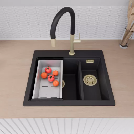 HD Aspen Black 58 kétmedencés gránit mosogatótálca szett, matt fekete csepegtetőráccsal és krómozott kosárral, matt fekete színben, szálcsiszolt arany leeresztő szifonnal