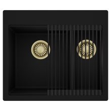 HD Aspen Black 58 kétmedencés gránit mosogatótálca szett, matt fekete csepegtetőráccsal, matt fekete színben, szálcsiszolt arany leeresztő szifonnal