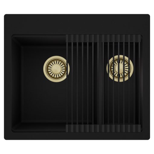 HD Aspen Black 58 kétmedencés gránit mosogatótálca szett, matt fekete csepegtetőráccsal, matt fekete színben, szálcsiszolt arany leeresztő szifonnal