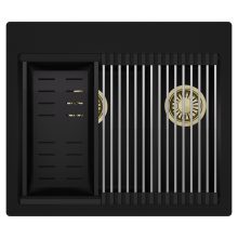 HD Aspen Black 58 kétmedencés gránit mosogatótálca szett, acél csepegtetőráccsal és matt fekete kosárral, matt fekete színben, szálcsiszolt arany leeresztő szifonnal