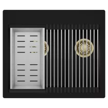 HD Aspen Black 58 kétmedencés gránit mosogatótálca szett, acél csepegtetőráccsal és kosárral, matt fekete színben, szálcsiszolt arany leeresztő szifonnal