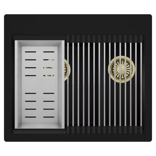 HD Aspen Black 58 kétmedencés gránit mosogatótálca szett, acél csepegtetőráccsal és kosárral, matt fekete színben, szálcsiszolt arany leeresztő szifonnal