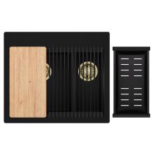 HD Aspen Black 58 kétmedencés gránit mosogatótálca szett, vágódeszkával, matt fekete csepegtetőráccsal és kosárral, matt fekete színben, szálcsiszolt arany leeresztő szifonnal