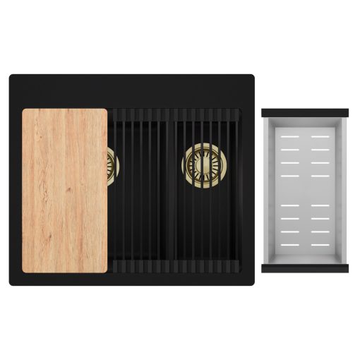 HD Aspen Black 58 kétmedencés gránit mosogatótálca szett, vágódeszkával, matt fekete csepegtetőráccsal és krómozott kosárral, matt fekete színben, szálcsiszolt arany leeresztő szifonnal