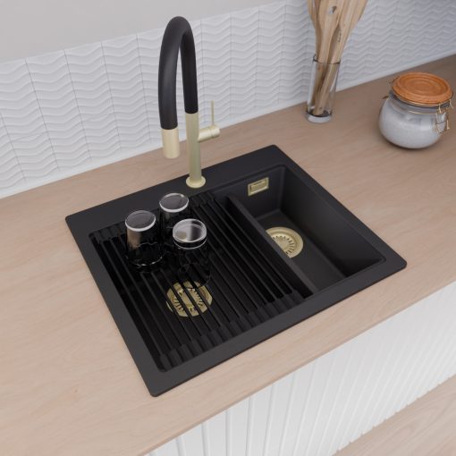 HD Aspen Black 58 kétmedencés gránit mosogatótálca szett, vágódeszkával, matt fekete csepegtetőráccsal és krómozott kosárral, matt fekete színben, szálcsiszolt arany leeresztő szifonnal