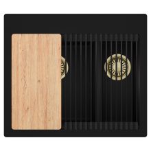 HD Aspen Black 58 kétmedencés gránit mosogatótálca szett, vágódeszkával, matt fekete csepegtetőráccsal, matt fekete színben, szálcsiszolt arany leeresztő szifonnal