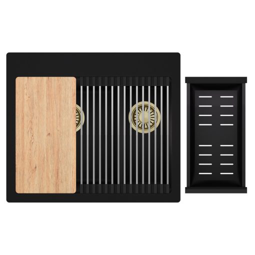 HD Aspen Black 58 kétmedencés gránit mosogatótálca szett, vágódeszkával, acél csepegtetőráccsal és matt fekete kosárral, matt fekete színben, szálcsiszolt arany leeresztő szifonnal