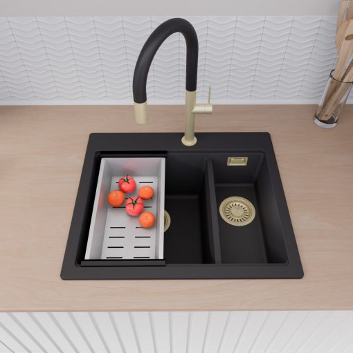 HD Aspen Black 58 kétmedencés gránit mosogatótálca szett, vágódeszkával, acél csepegtetőráccsal és kosárral, matt fekete színben, szálcsiszolt arany leeresztő szifonnal