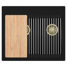 HD Aspen Black 58 kétmedencés gránit mosogatótálca szett, vágódeszkával, acél csepegtetőráccsal, matt fekete színben, szálcsiszolt arany leeresztő szifonnal