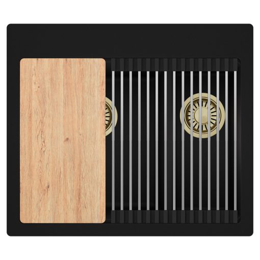 HD Aspen Black 58 kétmedencés gránit mosogatótálca szett, vágódeszkával, acél csepegtetőráccsal, matt fekete színben, szálcsiszolt arany leeresztő szifonnal