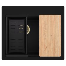 HD Aspen Black 58 kétmedencés gránit mosogatótálca szett, vágódeszkával, matt fekete csepegtetőkosárral, matt fekete színben, szálcsiszolt arany leeresztő szifonnal