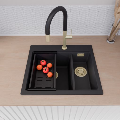 HD Aspen Black 58 kétmedencés gránit mosogatótálca szett, vágódeszkával, matt fekete csepegtetőkosárral, matt fekete színben, szálcsiszolt arany leeresztő szifonnal