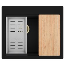 HD Aspen Black 58 kétmedencés gránit mosogatótálca szett, vágódeszkával, acél csepegtetőkosárral, matt fekete színben, szálcsiszolt arany leeresztő szifonnal