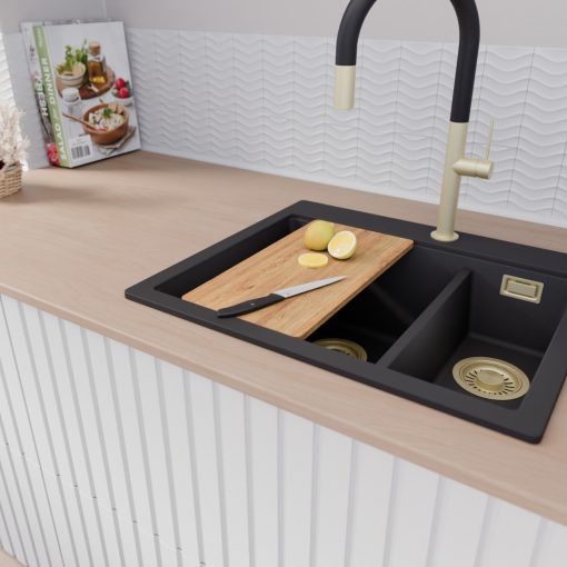 HD Aspen Black 58 kétmedencés gránit mosogatótálca szett, vágódeszkával, acél csepegtetőkosárral, matt fekete színben, szálcsiszolt arany leeresztő szifonnal