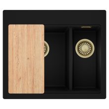 HD Aspen Black 58 kétmedencés gránit mosogatótálca, vágódeszkával, matt fekete színben, szálcsiszolt arany leeresztő szifonnal