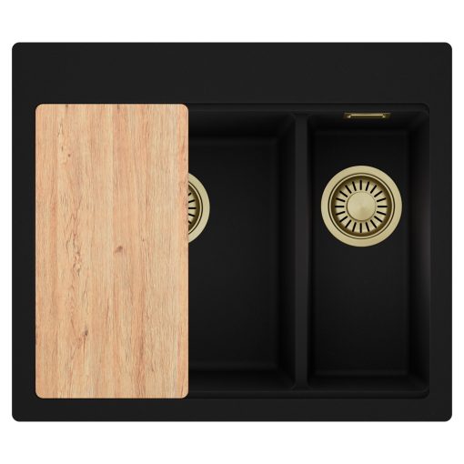 HD Aspen Black 58 kétmedencés gránit mosogatótálca, vágódeszkával, matt fekete színben, szálcsiszolt arany leeresztő szifonnal
