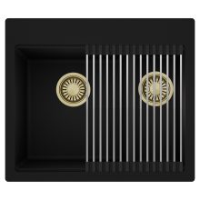 HD Aspen Black 58 kétmedencés gránit mosogatótálca szett, acél csepegtetőráccsal, matt fekete színben, szálcsiszolt arany leeresztő szifonnal