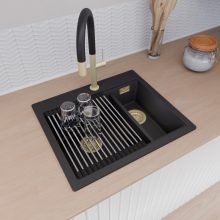 HD Aspen Black 58 kétmedencés gránit mosogatótálca szett, acél csepegtetőráccsal, matt fekete színben, szálcsiszolt arany leeresztő szifonnal