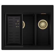 HD Aspen Black 58 kétmedencés gránit mosogatótálca szett, matt fekete csepegtetőkosárral, matt fekete színben, szálcsiszolt arany leeresztő szifonnal
