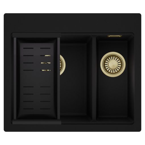 HD Aspen Black 58 kétmedencés gránit mosogatótálca szett, matt fekete csepegtetőkosárral, matt fekete színben, szálcsiszolt arany leeresztő szifonnal