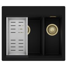 HD Aspen Black 58 kétmedencés gránit mosogatótálca szett, acél csepegtetőkosárral, matt fekete színben, szálcsiszolt arany leeresztő szifonnal