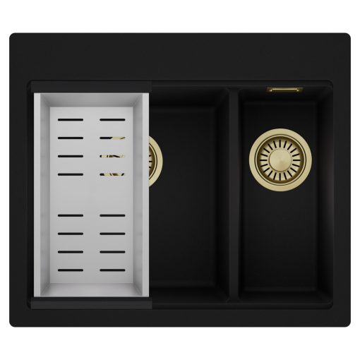 HD Aspen Black 58 kétmedencés gránit mosogatótálca szett, acél csepegtetőkosárral, matt fekete színben, szálcsiszolt arany leeresztő szifonnal