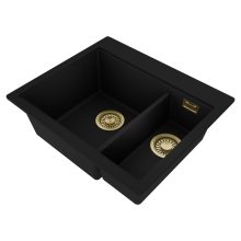 HD Aspen Black 58 kétmedencés gránit mosogatótálca, matt fekete színben, szálcsiszolt arany leeresztő szifonnal