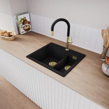 HD Aspen Black 58 kétmedencés gránit mosogatótálca, matt fekete színben, szálcsiszolt arany leeresztő szifonnal