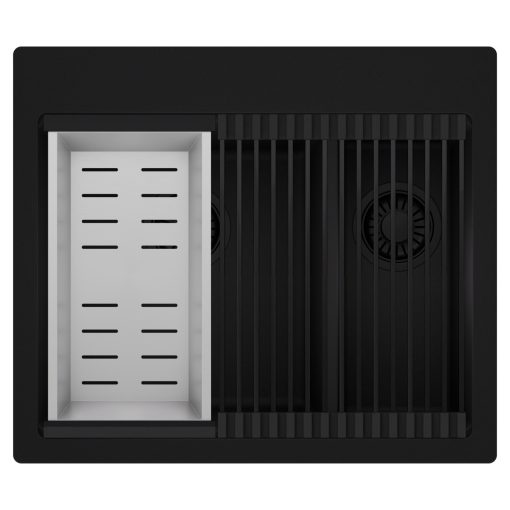 HD Aspen Black 58 kétmedencés gránit mosogatótálca szett, matt fekete csepegtetőráccsal és krómozott kosárral, matt fekete színben, matt fekete leeresztő szifonnal